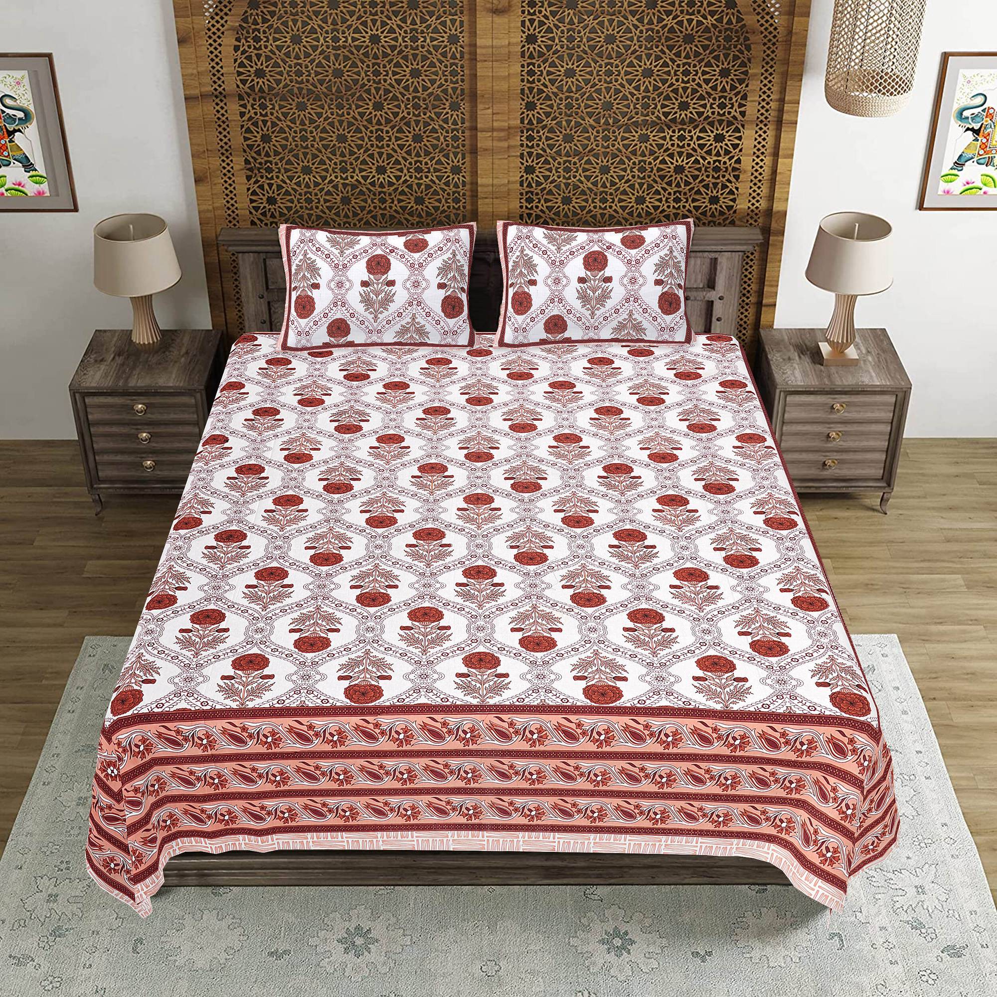 Rudra Bazaar Rust 210 TC Cotton Double King Bedsheet With 2 Pillow Covers