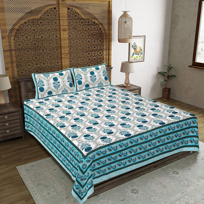 Rudra Bazaar Turquoise Blue 210 TC Cotton Double King Bedsheet With 2 Pillow Covers Hover Image
