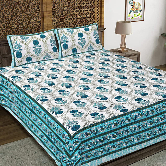 Rudra Bazaar Turquoise Blue 210 TC Cotton Double King Bedsheet With 2 Pillow Covers Main Image
