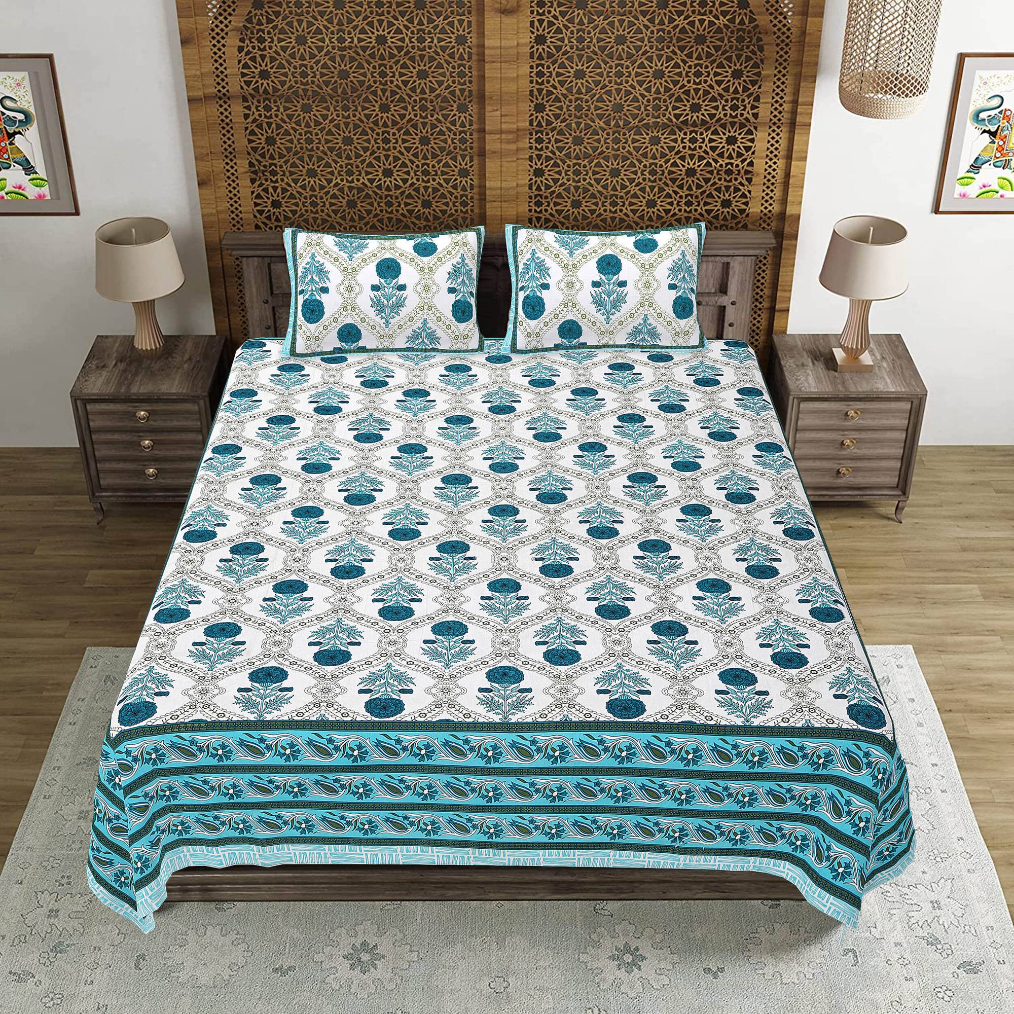 Rudra Bazaar Turquoise Blue 210 TC Cotton Double King Bedsheet With 2 Pillow Covers