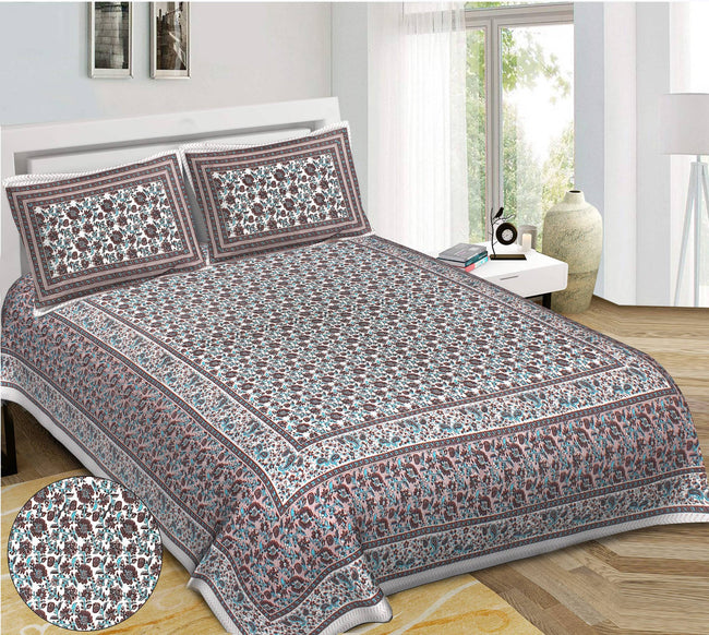 Rudra Bazaar Blue Brown 210 TC Cotton Double King Bedsheet With 2 Pillow Covers Main Image