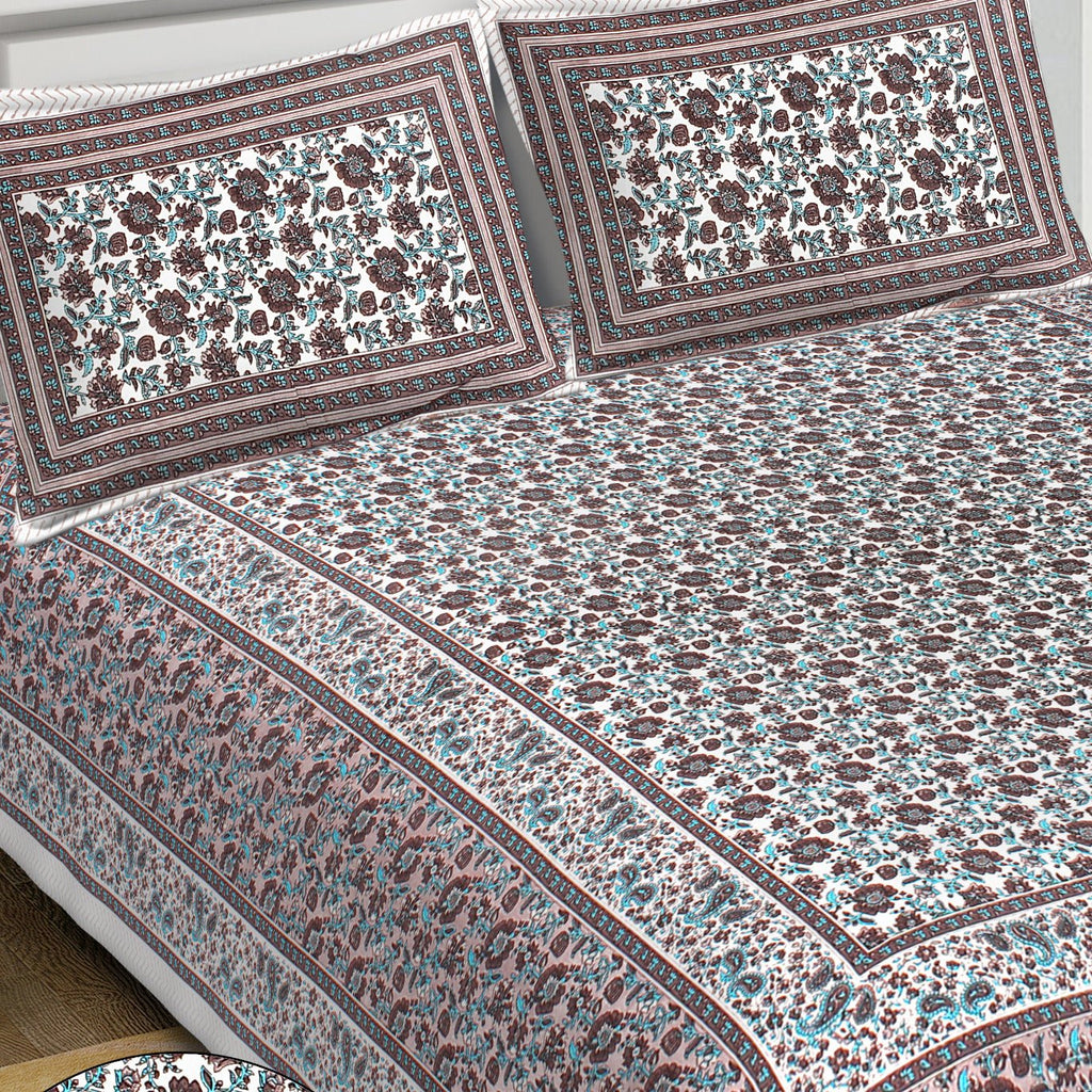 Rudra Bazaar Blue Brown 210 TC Cotton Double King Bedsheet With 2 Pillow Covers