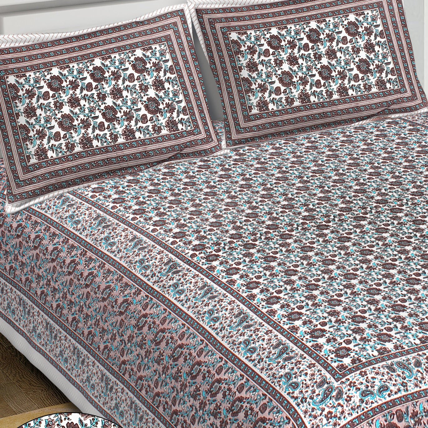 Rudra Bazaar Blue Brown 210 TC Cotton Double King Bedsheet With 2 Pillow Covers