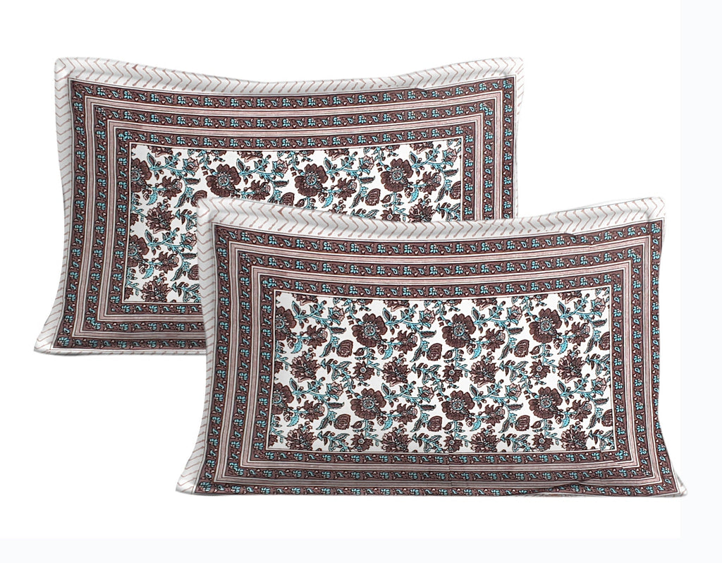 Rudra Bazaar Blue Brown 210 TC Cotton Double King Bedsheet With 2 Pillow Covers