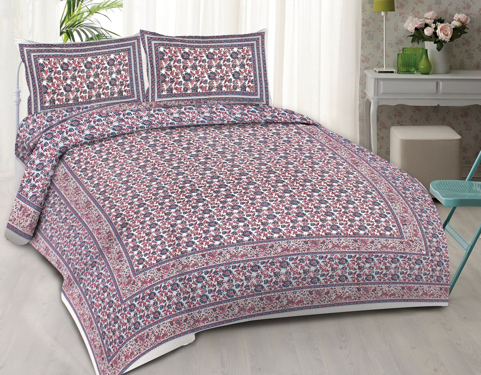 Rudra Bazaar Blue Pink 210 TC Cotton Double King Bedsheet With 2 Pillow Covers