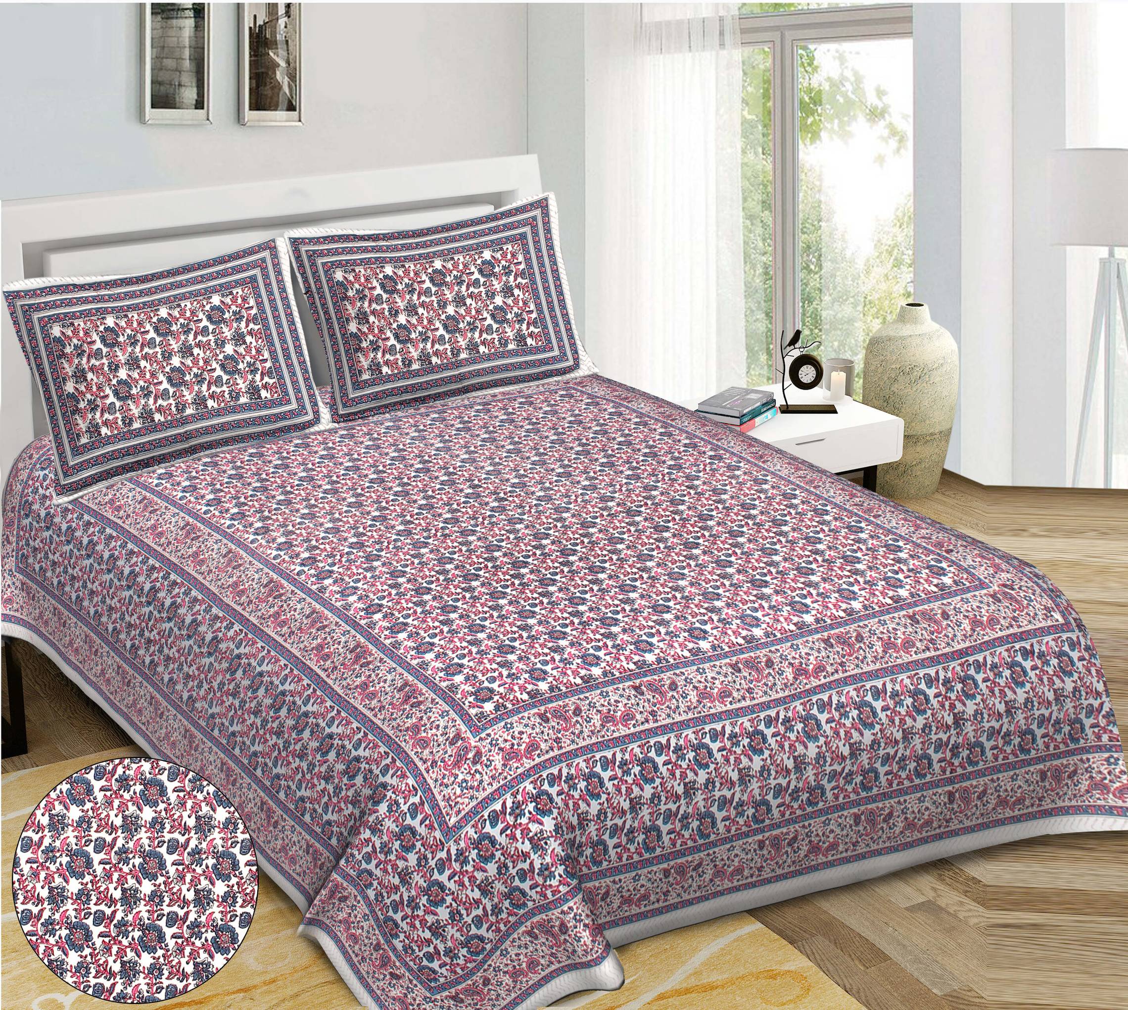 Rudra Bazaar Blue Pink 210 TC Cotton Double King Bedsheet With 2 Pillow Covers