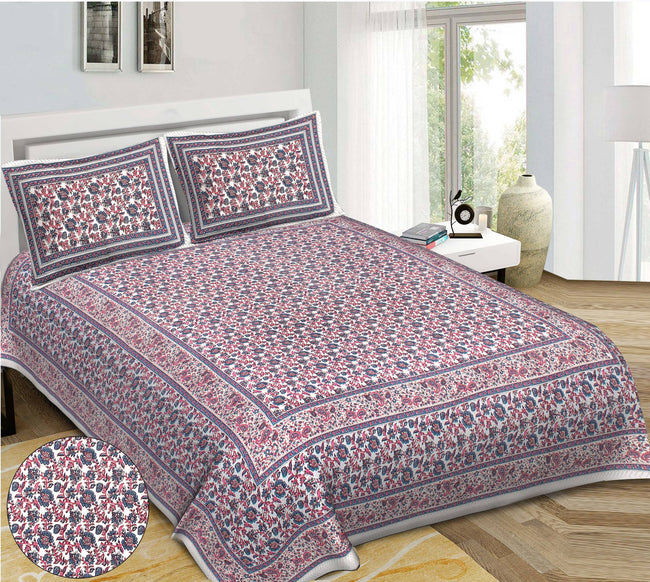 Rudra Bazaar Blue Pink 210 TC Cotton Double King Bedsheet With 2 Pillow Covers Main Image