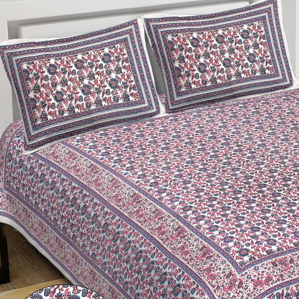 Rudra Bazaar Blue Pink 210 TC Cotton Double King Bedsheet With 2 Pillow Covers