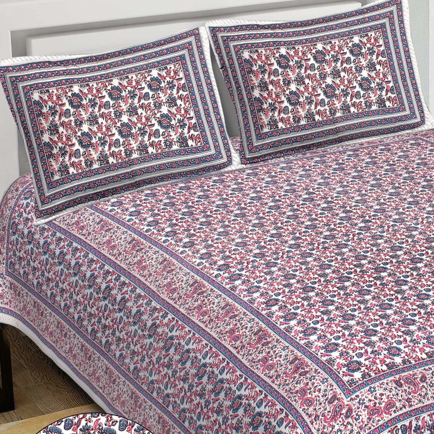 Rudra Bazaar Blue Pink 210 TC Cotton Double King Bedsheet With 2 Pillow Covers