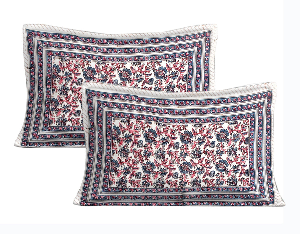 Rudra Bazaar Blue Pink 210 TC Cotton Double King Bedsheet With 2 Pillow Covers