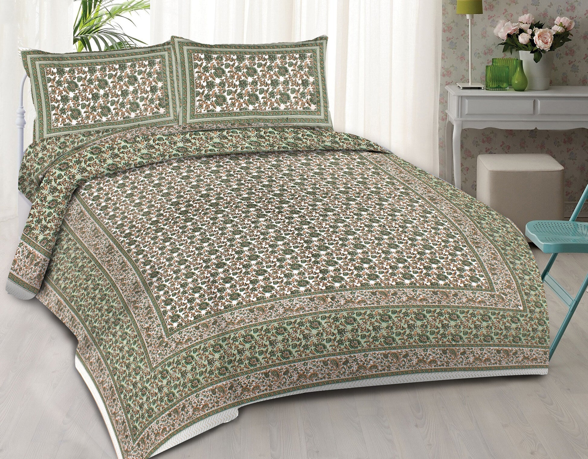 Rudra Bazaar Green 210 TC Cotton Double King Bedsheet With 2 Pillow Covers