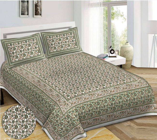 Rudra Bazaar Green 210 TC Cotton Double King Bedsheet With 2 Pillow Covers Main Image
