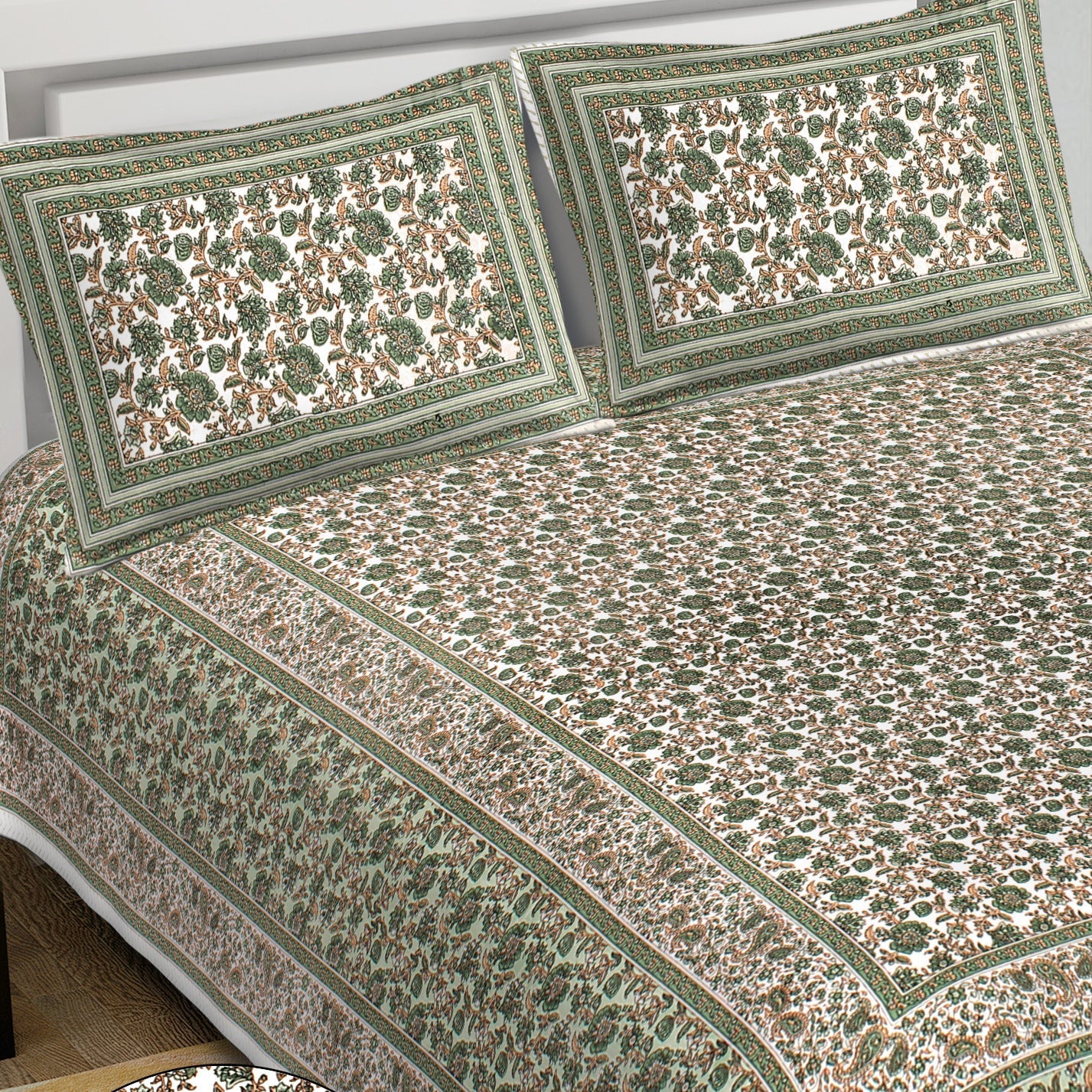 Rudra Bazaar Green 210 TC Cotton Double King Bedsheet With 2 Pillow Covers