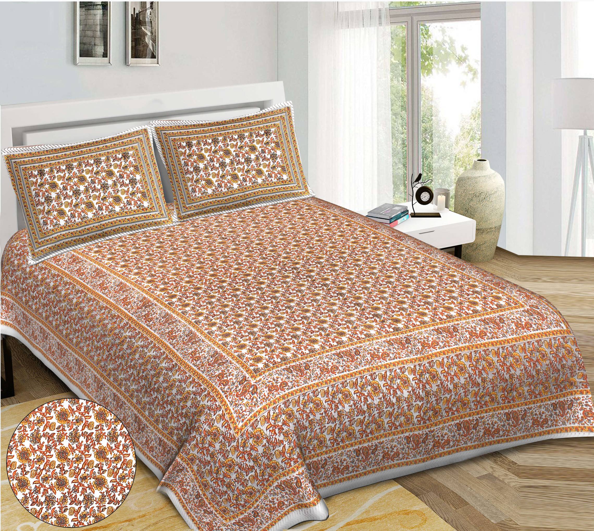 Rudra Bazaar Orange 210 TC Cotton Double King Bedsheet With 2 Pillow Covers