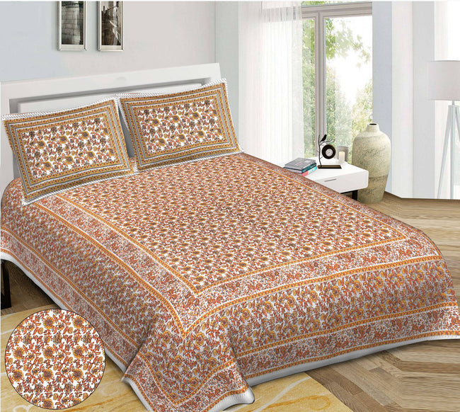 Rudra Bazaar Orange 210 TC Cotton Double King Bedsheet With 2 Pillow Covers Main Image