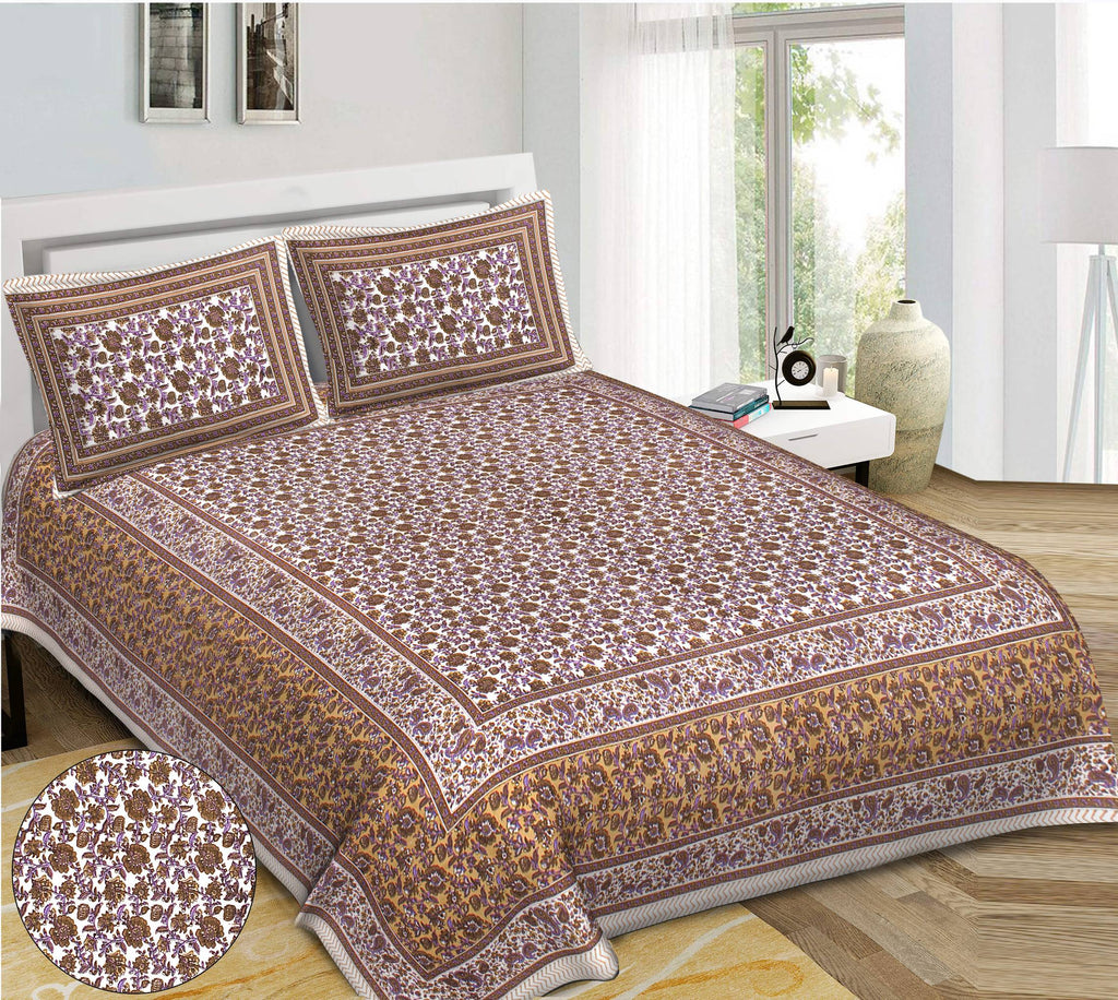 Rudra Bazaar Purple Brown 210 TC Cotton Double King Bedsheet With 2 Pillow Covers