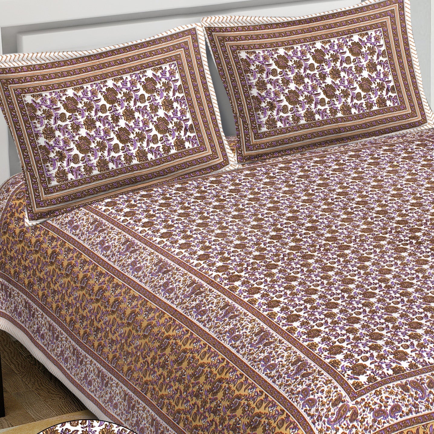 Rudra Bazaar Purple Brown 210 TC Cotton Double King Bedsheet With 2 Pillow Covers