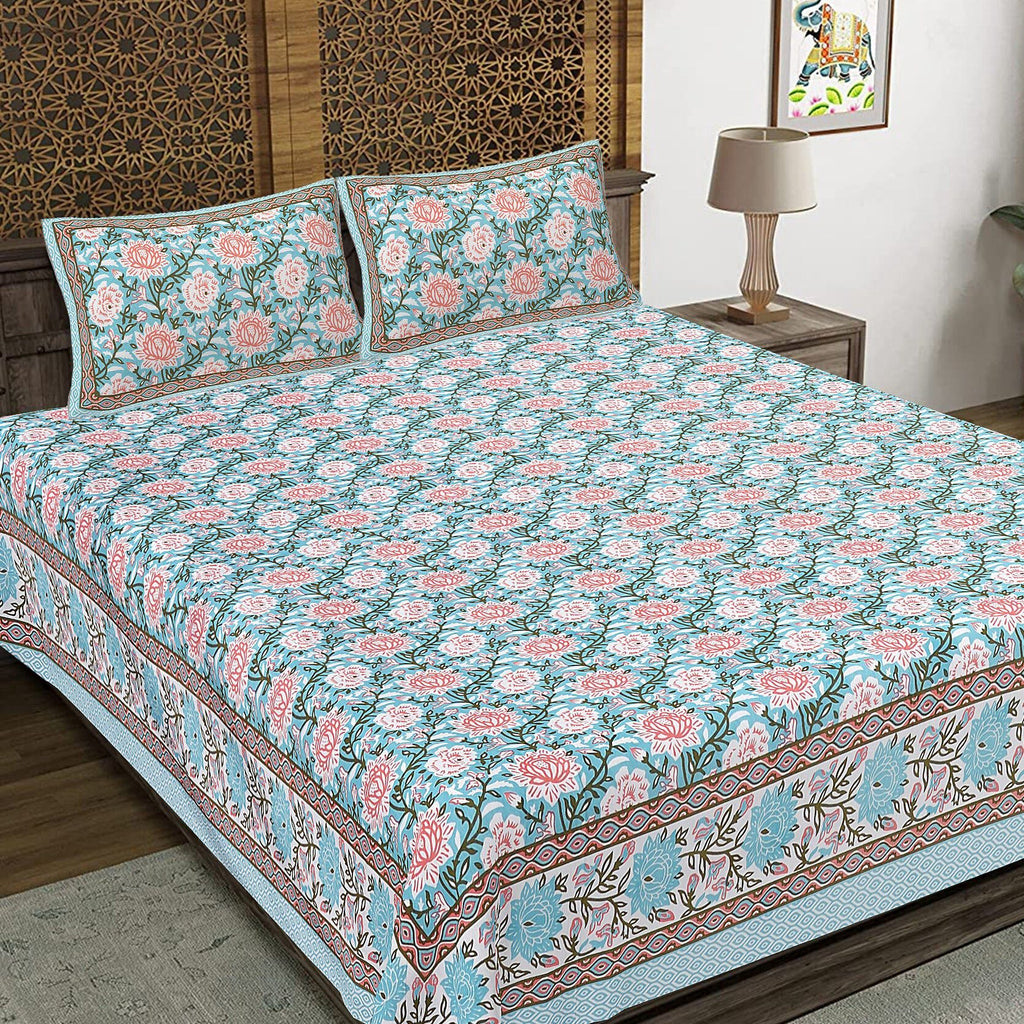 Rudra Bazaar Blue 210 TC Cotton Double King Bedsheet With 2 Pillow Covers