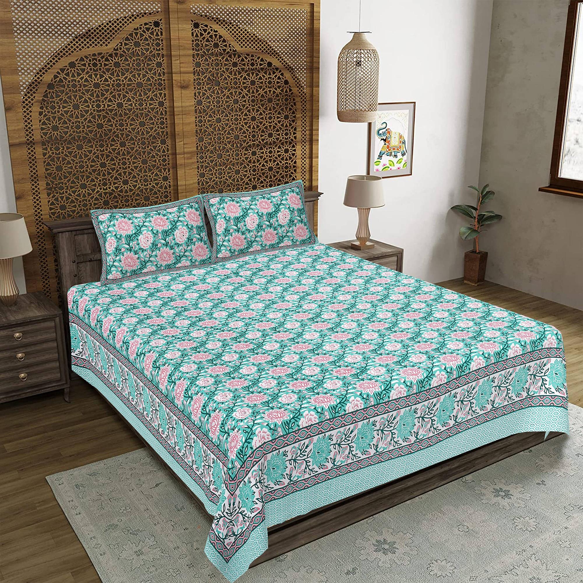 Rudra Bazaar Sea Green 210 TC Cotton Double King Bedsheet With 2 Pillow Covers