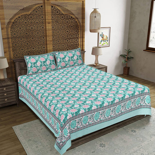 Rudra Bazaar Sea Green 210 TC Cotton Double King Bedsheet With 2 Pillow Covers Hover Image