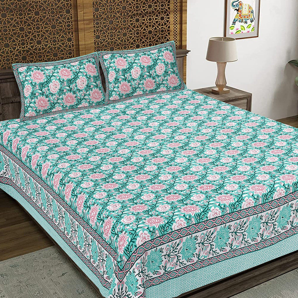 Rudra Bazaar Sea Green 210 TC Cotton Double King Bedsheet With 2 Pillow Covers