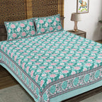 Rudra Bazaar Sea Green 210 TC Cotton Double King Bedsheet With 2 Pillow Covers