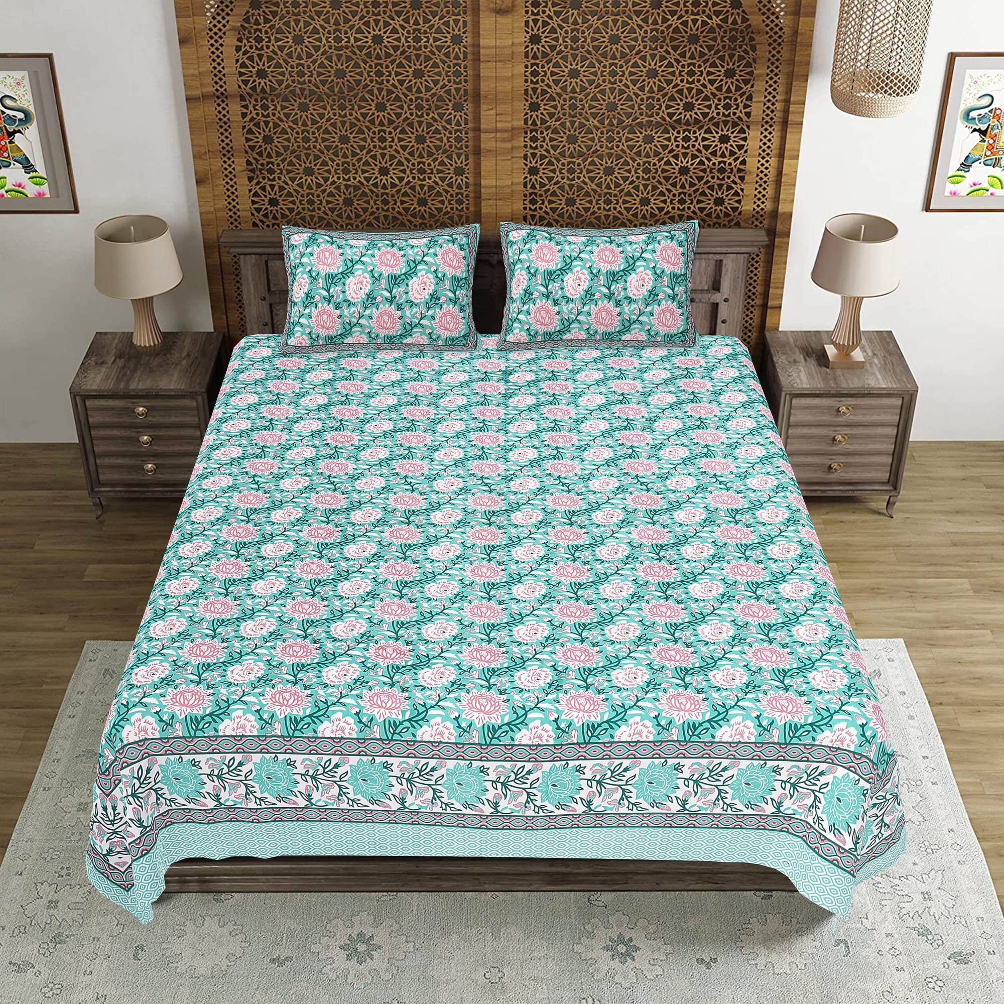 Rudra Bazaar Sea Green 210 TC Cotton Double King Bedsheet With 2 Pillow Covers