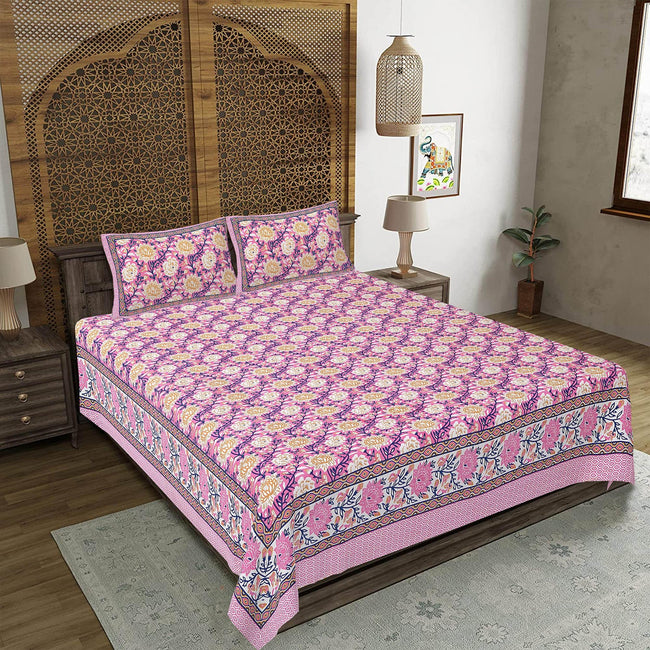 Rudra Bazaar Pink 210 TC Cotton Double King Bedsheet With 2 Pillow Covers Hover Image