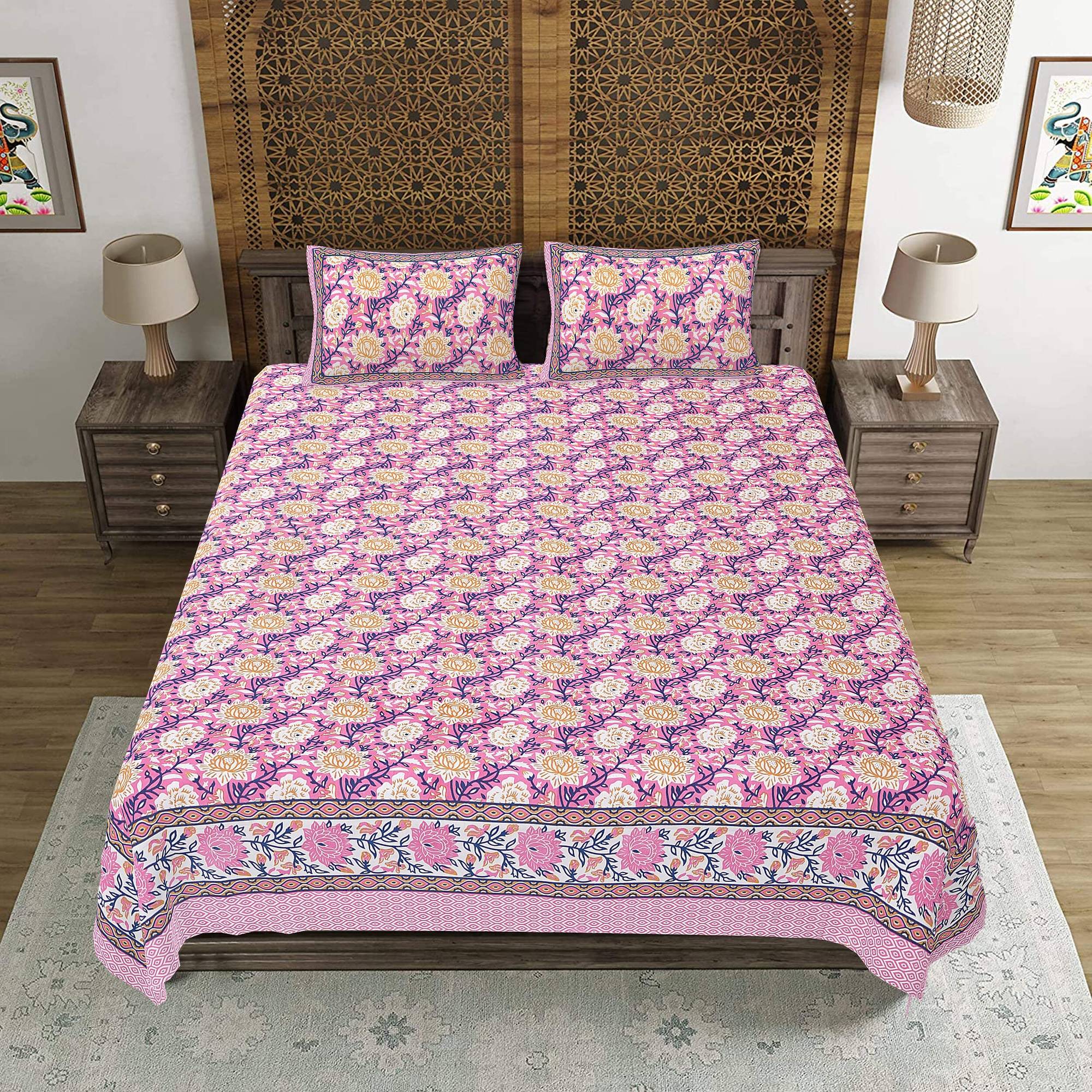 Rudra Bazaar Pink 210 TC Cotton Double King Bedsheet With 2 Pillow Covers