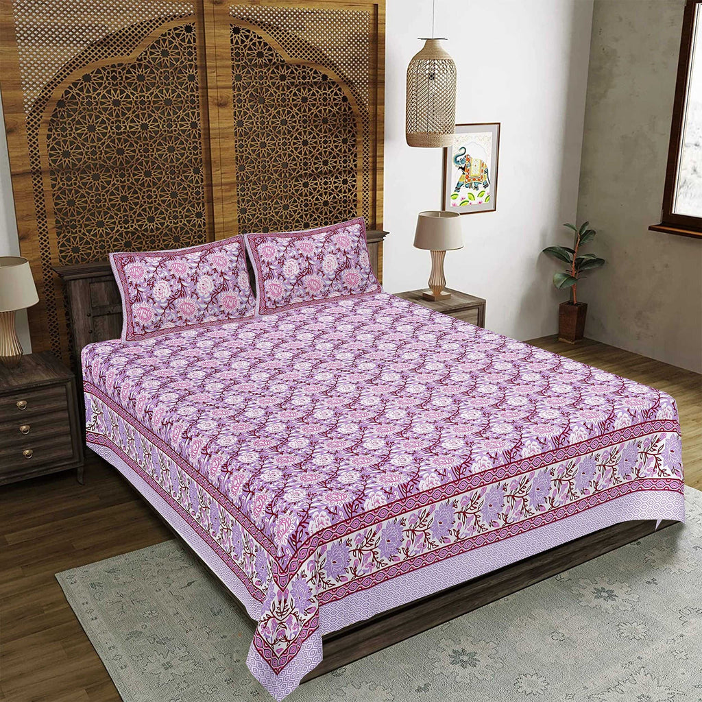 Rudra Bazaar Purple 210 TC Cotton Double King Bedsheet With 2 Pillow Covers