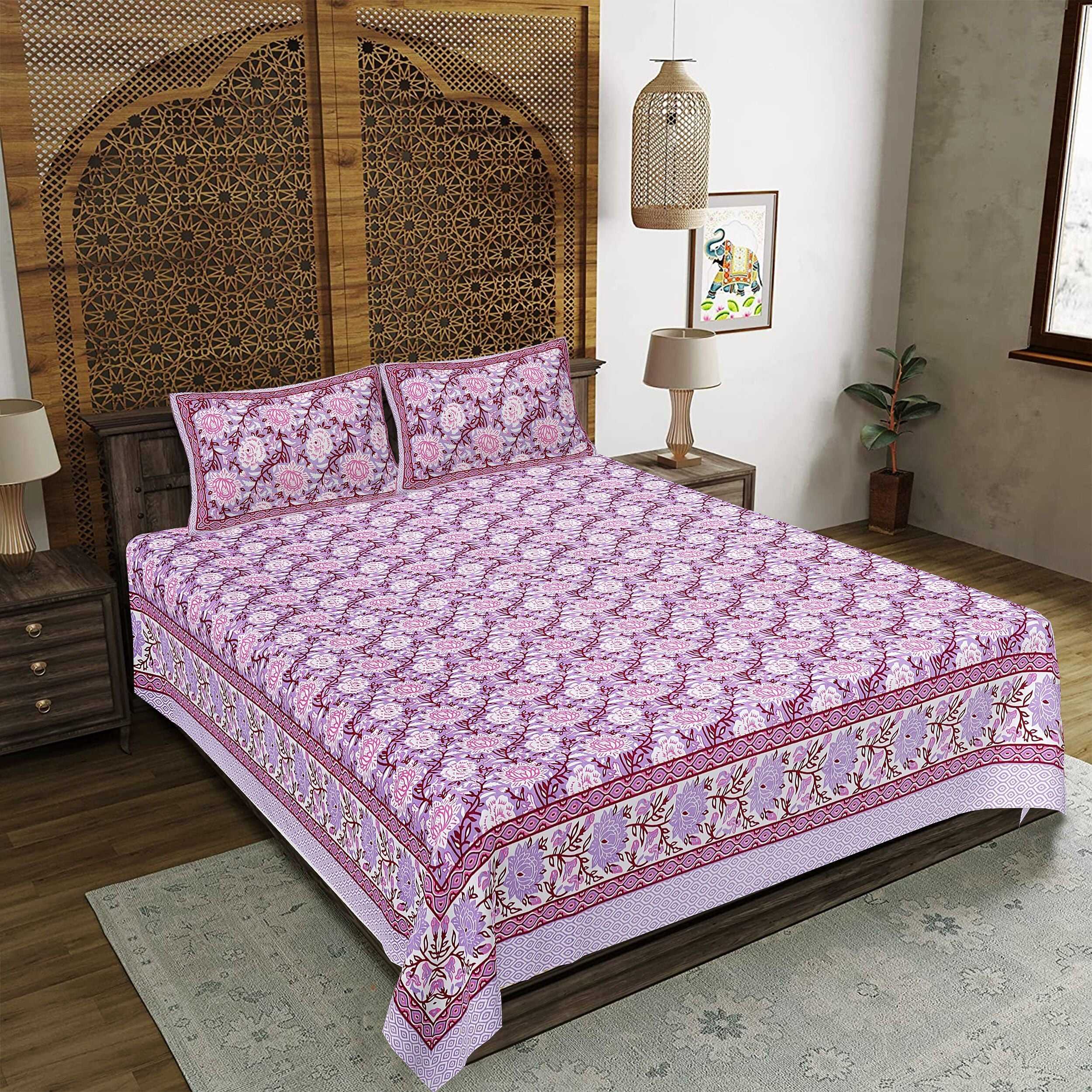 Rudra Bazaar Purple 210 TC Cotton Double King Bedsheet With 2 Pillow Covers