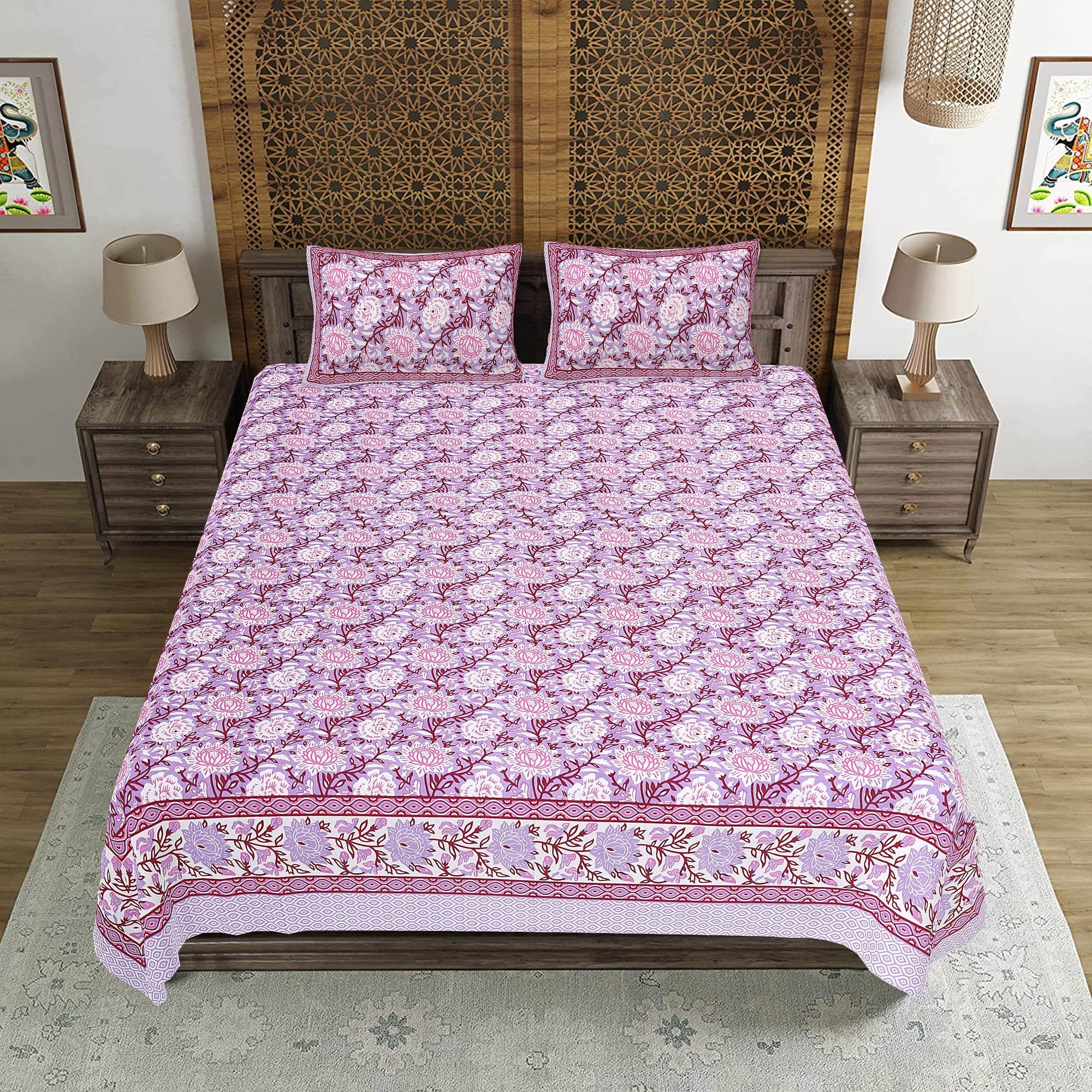Rudra Bazaar Purple 210 TC Cotton Double King Bedsheet With 2 Pillow Covers