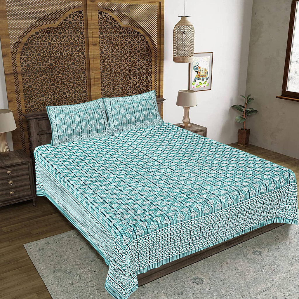 Rudra Bazaar Sea Green 210 TC Cotton Double King Bedsheet With 2 Pillow Covers