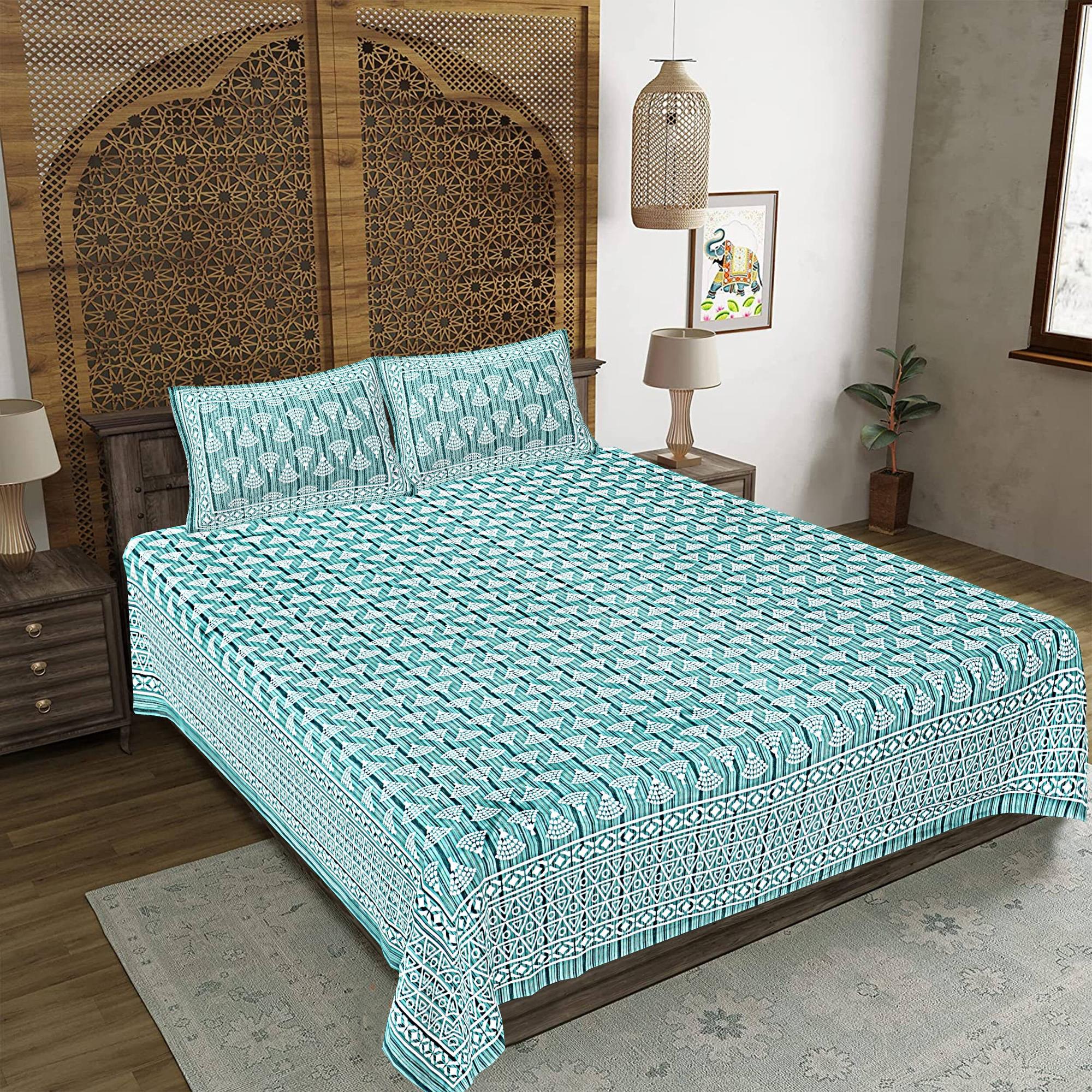 Rudra Bazaar Sea Green 210 TC Cotton Double King Bedsheet With 2 Pillow Covers