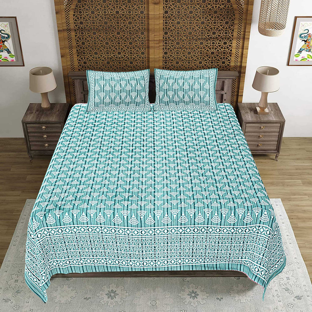 Rudra Bazaar Sea Green 210 TC Cotton Double King Bedsheet With 2 Pillow Covers