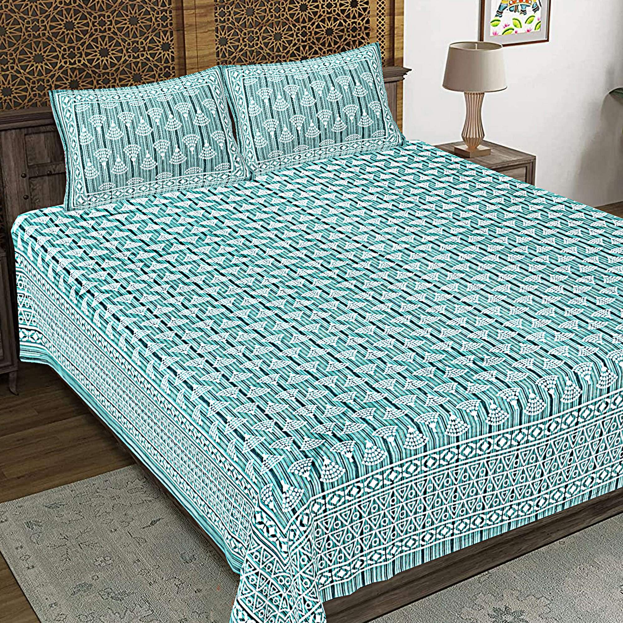 Rudra Bazaar Sea Green 210 TC Cotton Double King Bedsheet With 2 Pillow Covers