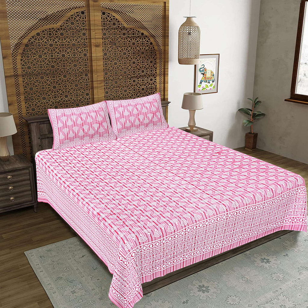 Rudra Bazaar Pink 210 TC Cotton Double King Bedsheet With 2 Pillow Covers