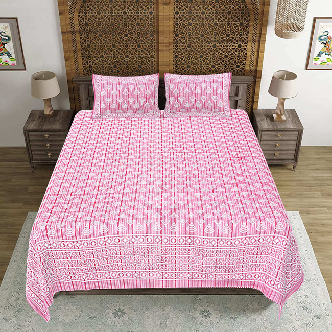 Rudra Bazaar Pink 210 TC Cotton Double King Bedsheet With 2 Pillow Covers Main Image