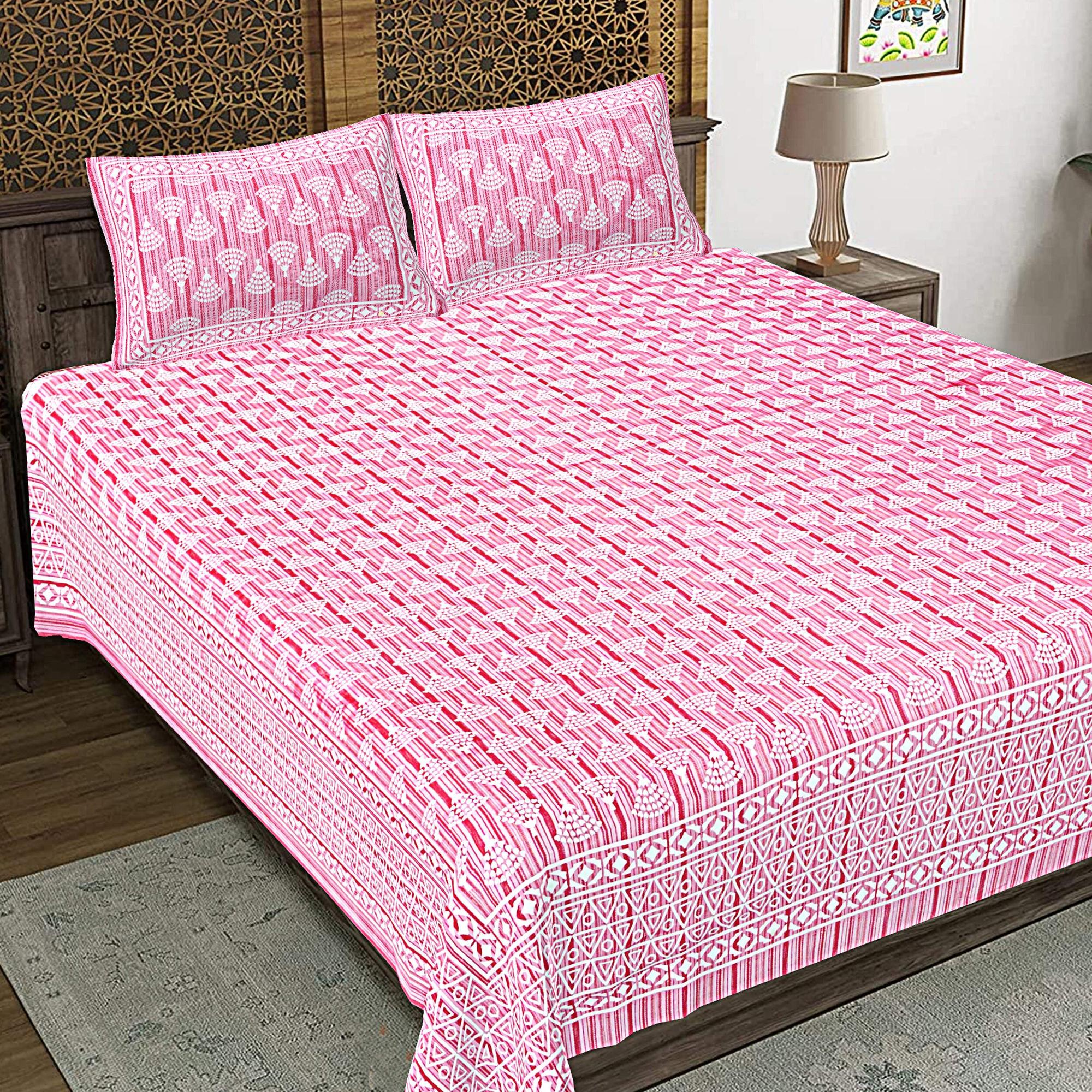 Rudra Bazaar Pink 210 TC Cotton Double King Bedsheet With 2 Pillow Covers