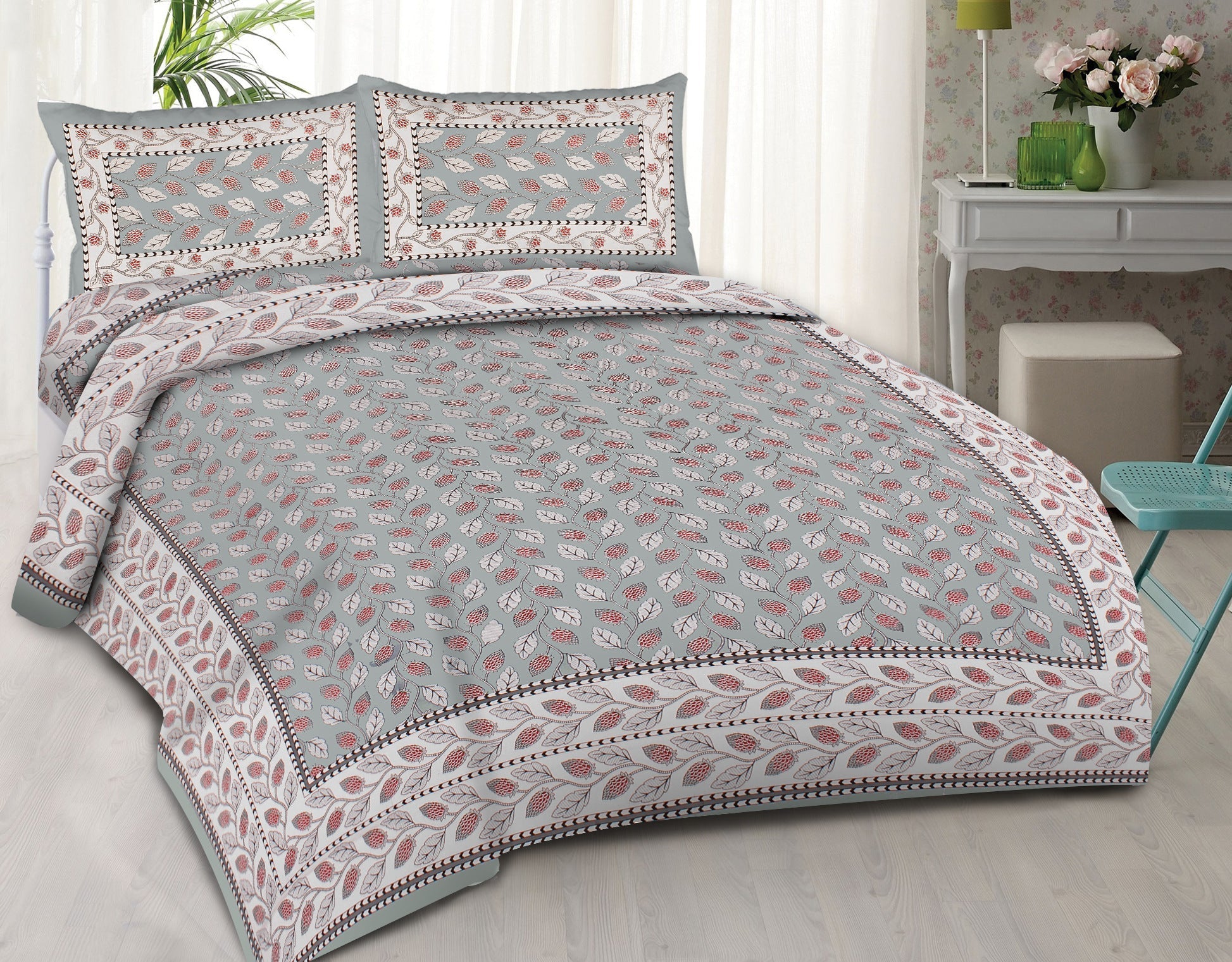 Rudra Bazaar Grey 210 TC Cotton Double King Bedsheet With 2 Pillow Covers