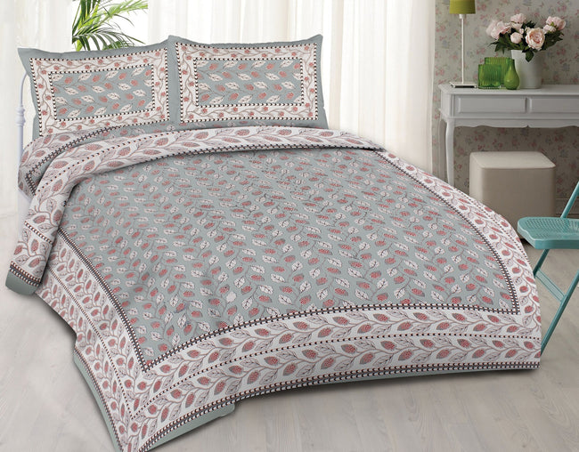 Rudra Bazaar Grey 210 TC Cotton Double King Bedsheet With 2 Pillow Covers Hover Image