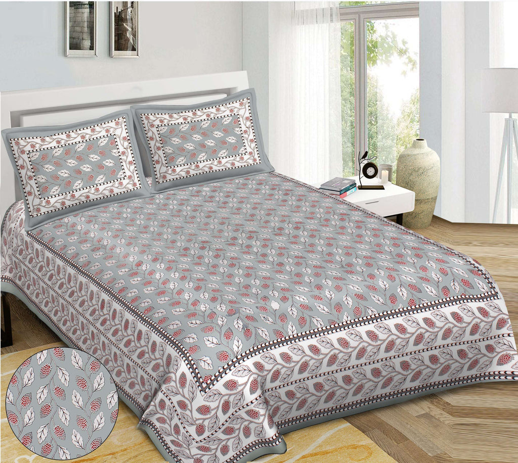 Rudra Bazaar Grey 210 TC Cotton Double King Bedsheet With 2 Pillow Covers