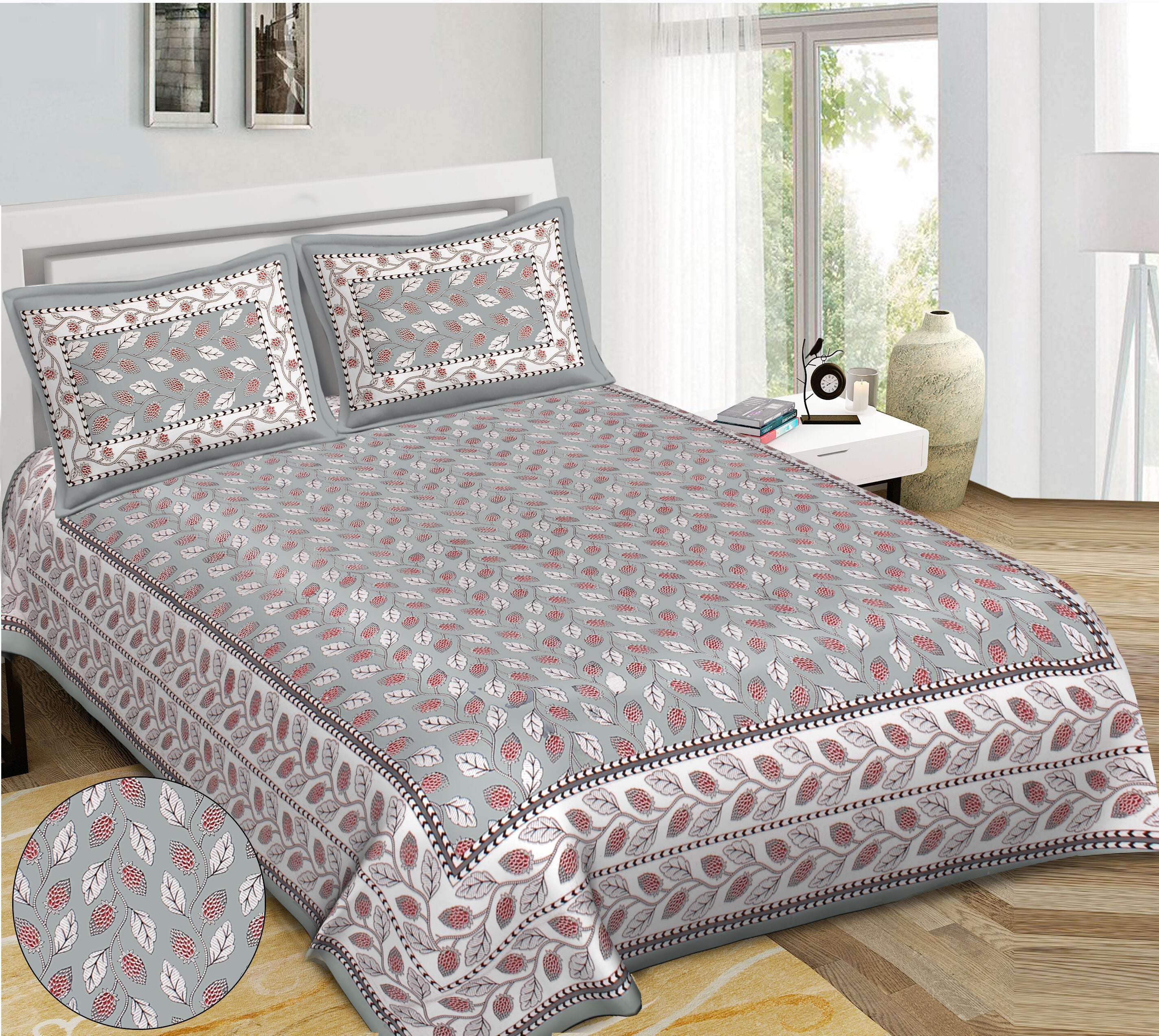 Rudra Bazaar Grey 210 TC Cotton Double King Bedsheet With 2 Pillow Covers