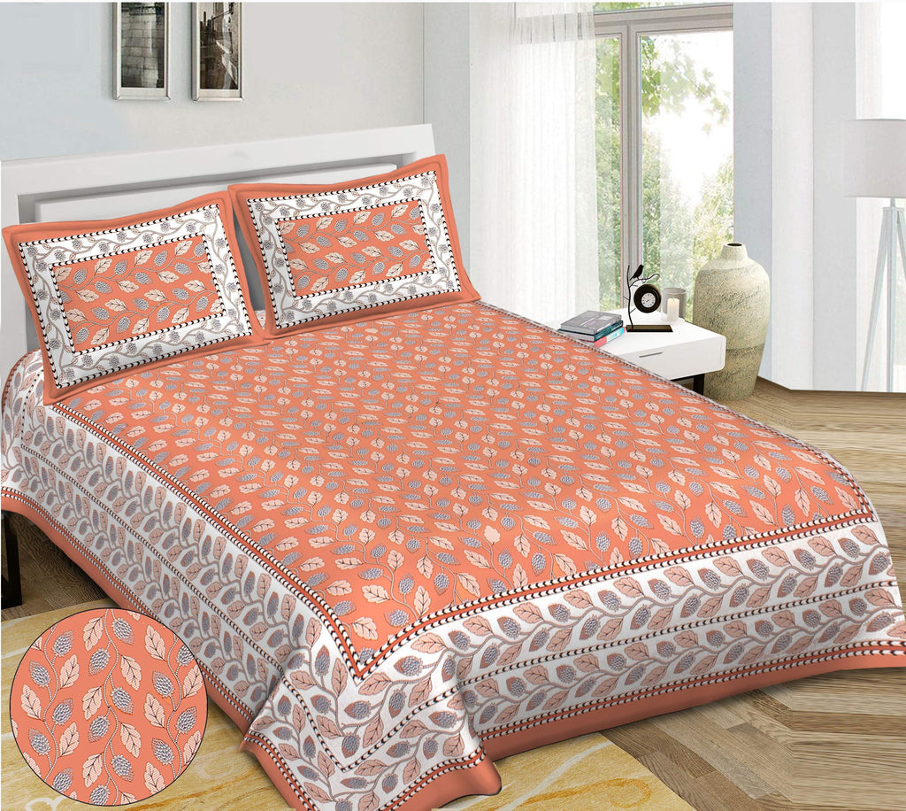 Rudra Bazaar Orange 210 TC Cotton Double King Bedsheet With 2 Pillow Covers