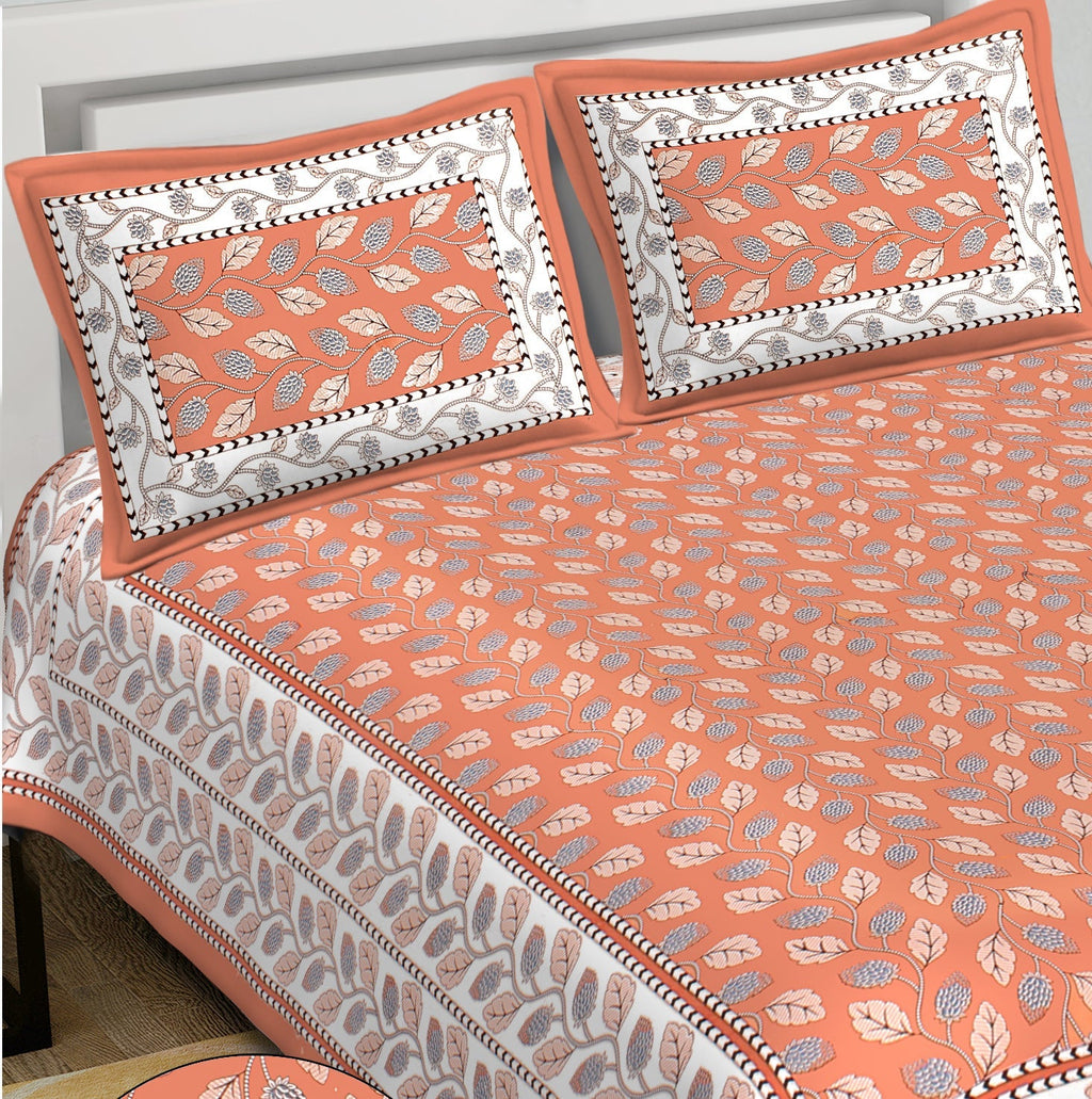 Rudra Bazaar Orange 210 TC Cotton Double King Bedsheet With 2 Pillow Covers