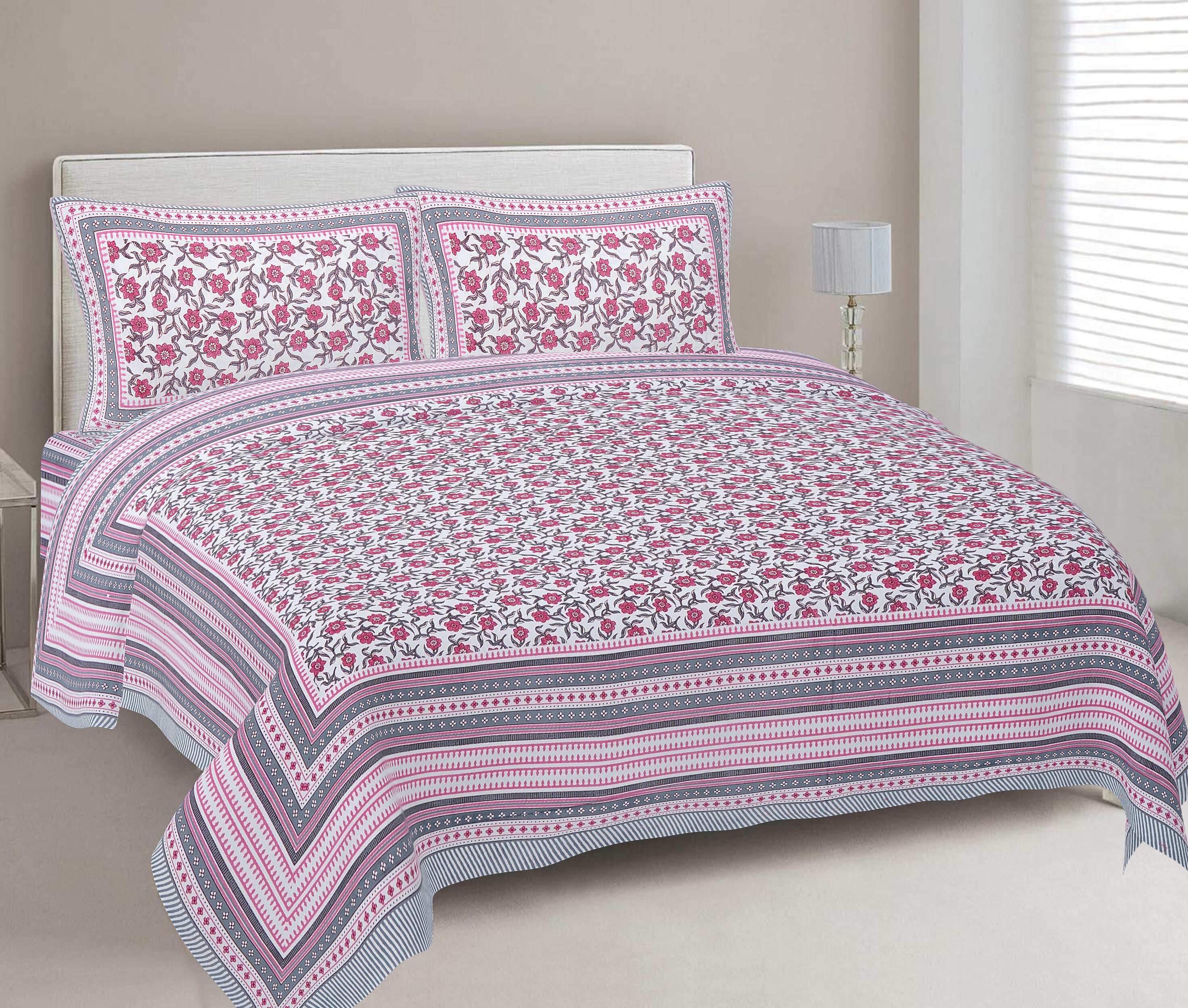Rudra Bazaar Pink 210 TC Cotton Double King Bedsheet With 2 Pillow Covers