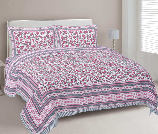 Rudra Bazaar Pink 210 TC Cotton Double King Bedsheet With 2 Pillow Covers Hover Image