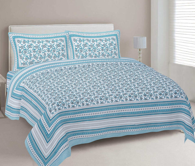 Rudra Bazaar Turquoise Blue 210 TC Cotton Double King Bedsheet With 2 Pillow Covers Hover Image