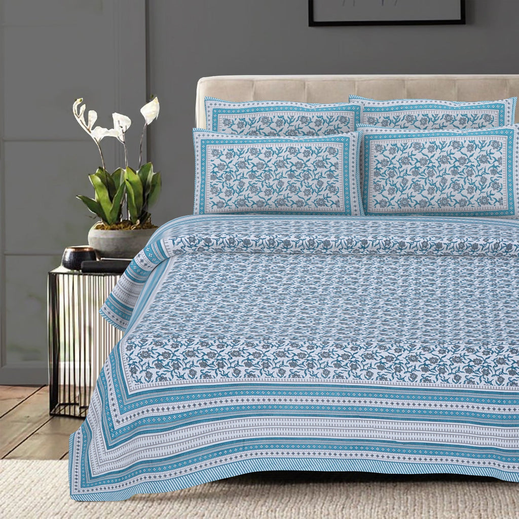 Rudra Bazaar Turquoise Blue 210 TC Cotton Double King Bedsheet With 2 Pillow Covers