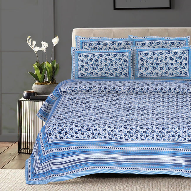 Rudra Bazaar Blue 210 TC Cotton Double King Bedsheet With 2 Pillow Covers Main Image